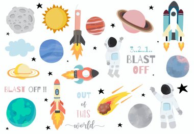 Gezegen, astronot, ay ve güneşli çizgi film nesne uzay koleksiyonu.