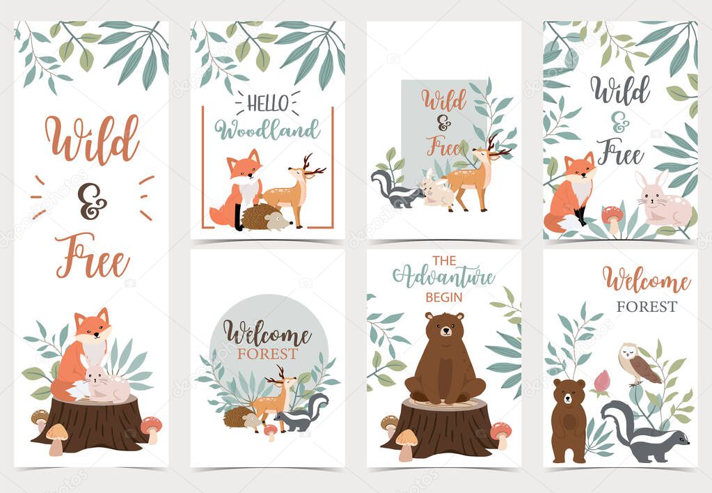 Collection of woodland background set with bear,deer,skunk,fox.Editable vector illustration for website, invitation,postcard and sticker.Wording include the adventure begin