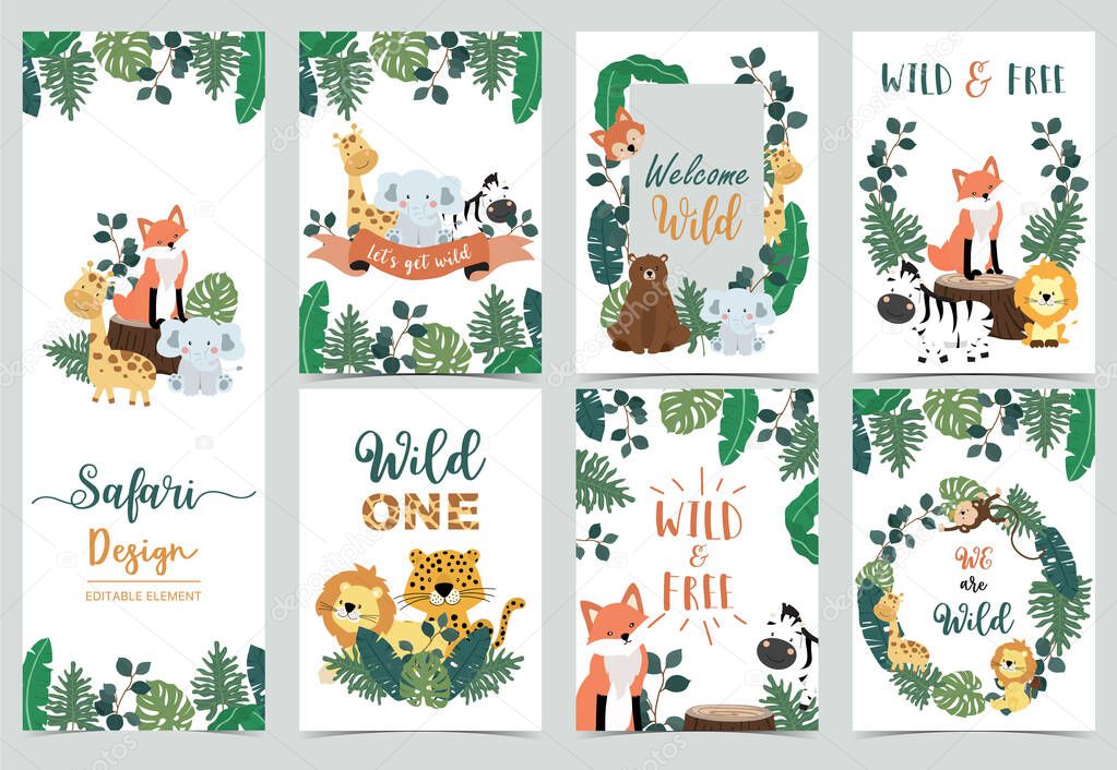 Collection of safari background set with giraffe,zebra,fox,lion.Editable vector illustration for birthday invitation,postcard and sticker.Wording include wild and free