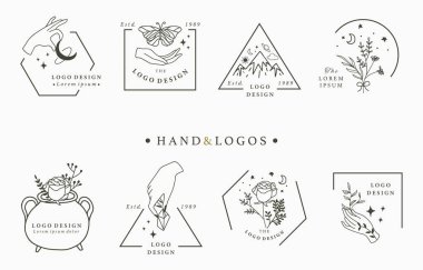 El, geometrik, kristal, ay, göz, yıldız güzellik okült logo koleksiyonu. Simge, logo, çıkartma, yazdırılabilir ve dövme için vektör illüstrasyonu