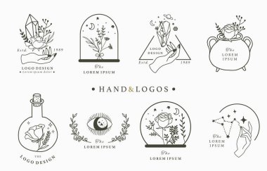 El, geometrik, kristal, ay, göz, yıldız güzellik okült logo koleksiyonu. Simge, logo, çıkartma, yazdırılabilir ve dövme için vektör illüstrasyonu