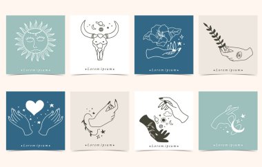 El, güneş, vahşi, ay içeren okült arkaplan koleksiyonu. Web sitesi, davetiye, kartpostal ve çıkartma için düzenlenebilir vektör çizimi