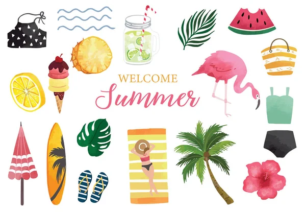 Zomer Aquarel Collectie Met Watermeloen Citroen Flamingo Ijs Vector Illustratie — Stockvector