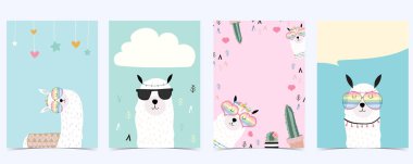 Lama 'lı pembe yeşil bebek partisi davetiyesi. Çocuk ve bebek için vektör doğum günü daveti. Düzenlenebilir öge