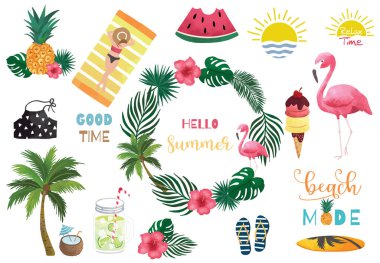 Karpuz, limon, flamingo ve dondurmalı suluboya koleksiyonu. Simge, logo, çıkartma, basılabilir, kartpostal ve davetiye için vektör ilüstrasyonuName