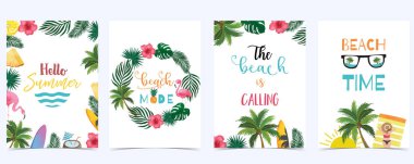 Meyve, flamingo, hindistan cevizi ağacı ile yaz arkaplanı koleksiyonu. Yeni yıl davetiyesi, kartpostal ve web sitesi afişi için düzenlenebilir vektör illüstrasyonu