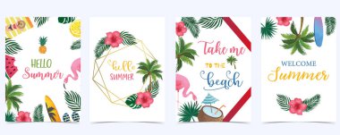 Meyve, flamingo, hindistan cevizi ağacı ile yaz arkaplanı koleksiyonu. Yeni yıl davetiyesi, kartpostal ve web sitesi afişi için düzenlenebilir vektör illüstrasyonu