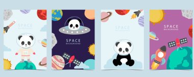 Astronot, gezegen, ay, yıldız, roket ile uzay arkaplan koleksiyonu. Web sitesi, davetiye, kartpostal ve çıkartma için düzenlenebilir vektör resimleme