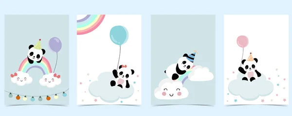Collection Panda Background Set Cloud Rainbow Balloon Editable Vector Illustration — Stock Vector