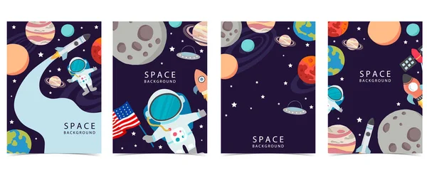 Colección Fondo Espacial Con Astronauta Planeta Luna Estrella Cohete Ilustración — Vector de stock