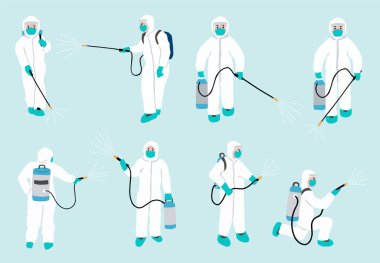 İnsanlar bakteri, koronavirüsün yayılmasını önlemek için dezenfekte ediyorlar. Nesne, poster, çıkartma ve web sitesi için vektör illüstrasyonu