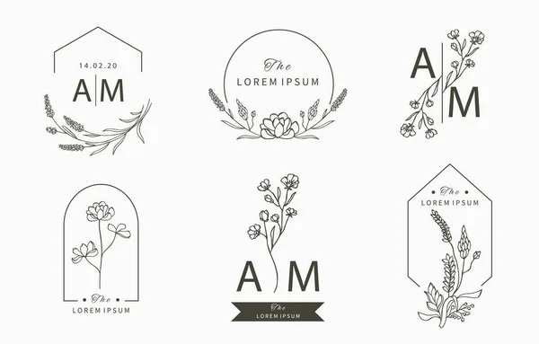 Coleção Logotipo Flor Preta Com Folhas Geometric Vector Ilustração Para — Vetor de Stock
