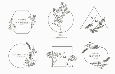 Yapraklı siyah çiçek logosu koleksiyonu, geometrik. Simge, logo, çıkartma, yazdırılabilir ve dövme için vektör illüstrasyonu