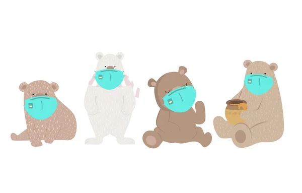 Cute Animal Object Collection Bear Wear Mask Vector Illustration Prevention — стоковый вектор