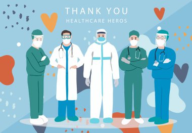 Bakteri ve virüslerin yayılmasını önlemek için doktor ve hemşire ile birlikte roman Coronavirus arka planı ve covid-19 konsept tasarımı. Poster için vektör ilülasyonu