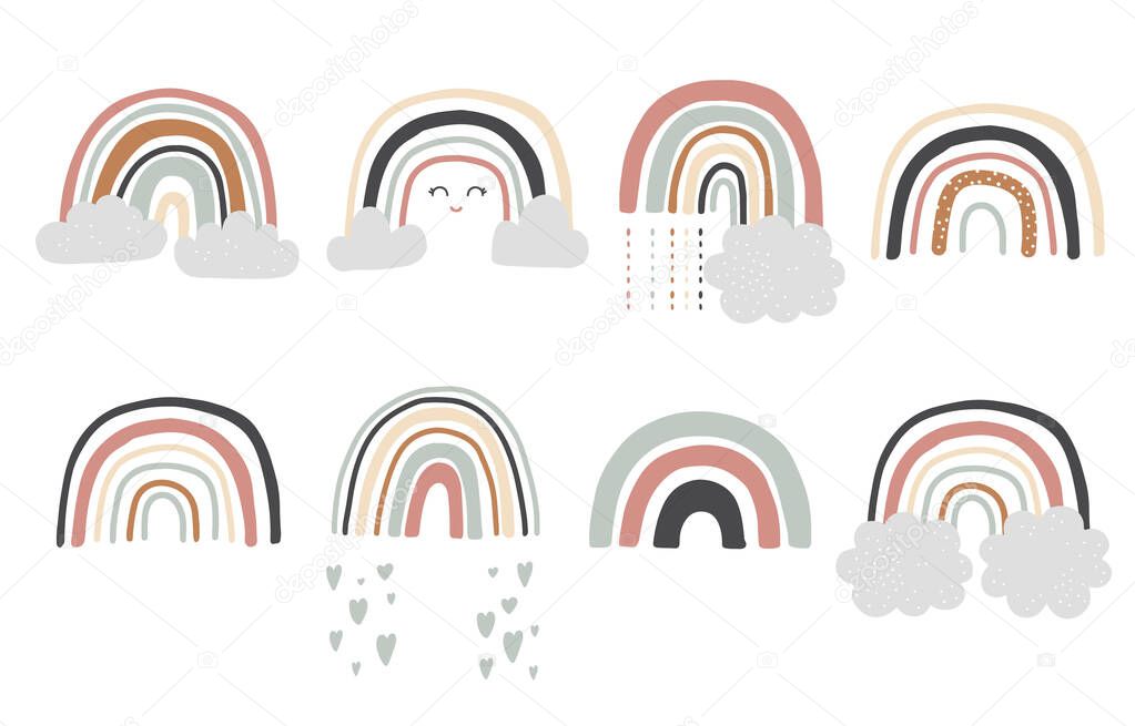 Doodle rainbow object set with sun,cloud,rain. illustration for logo,sticker,postcard,birthday invitation.Editable element