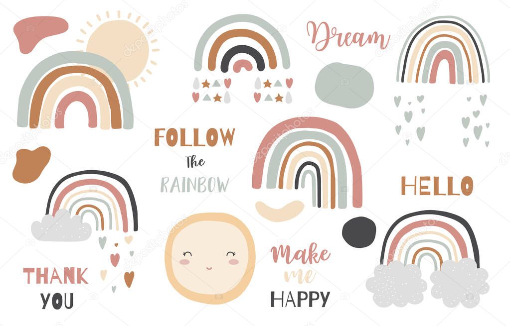 Doodle rainbow object set with sun,cloud,rain. illustration for logo,sticker,postcard,birthday invitation.Editable element.Thank you and Follow the rainbow