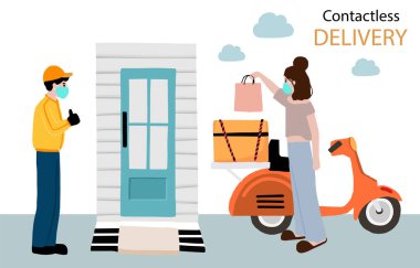 Evle, motorsikletle ofis arasında bağlantı kurulamıyor. Teslimatçı Coronavirus 'u önlemek için depolama işareti yapıyor.