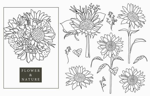Black sunflower logo collection with leaves,geometric.Vector illustration for icon,logo,sticker,printable and tattoo