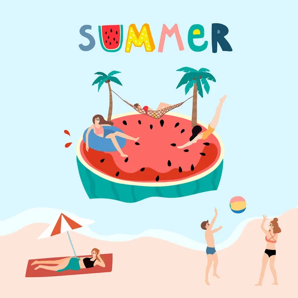 Collection Summer Background Set People Watermelon Beach Coconut Tree Editable — Stock Vector