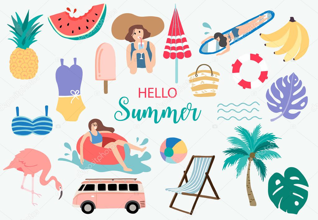 Summer object collection with watermelon,banana,flamingo and ice cream.Vector illustration for icon,logo,sticker,printable,postcard and invitation