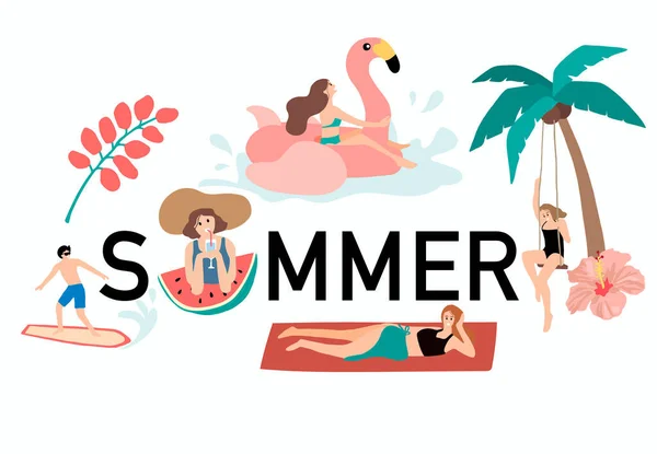 人々と夏の背景セットのコレクション スイカ ビーチ ヤシの木 招待状のための編集可能なベクトルイラスト はがきやウェブサイトのバナー こんにちは夏 — ストックベクタ