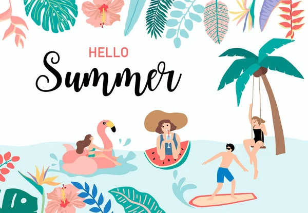 Colección Fondo Verano Conjunto Con Personas Sandía Playa Cocotero Ilustración — Vector de stock