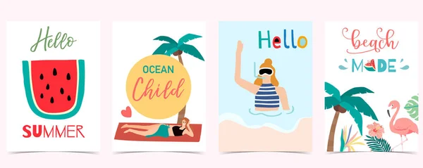 Colección Fondo Verano Conjunto Con Personas Sandía Playa Cocotero Ilustración — Vector de stock