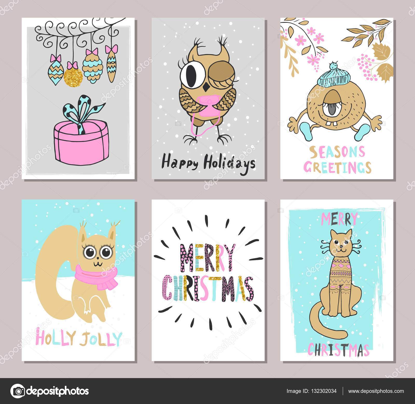 Neşeli Noel tebrik kartı şirin kedi, sincap, baykuş, hediye ve diğer
