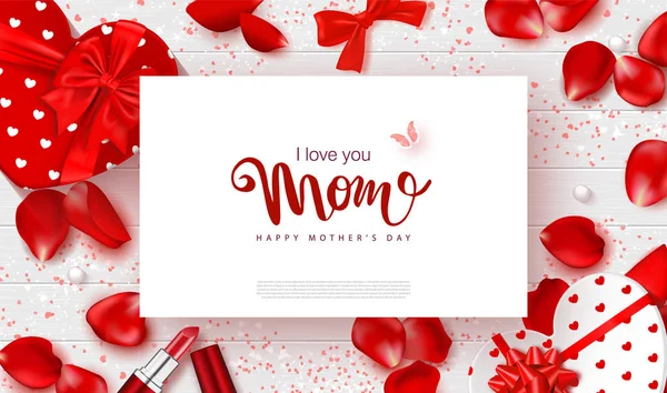 Happy Mothers Day banner. Beautiful Background with gift boxes in heart shape, roses,lipstick,bows and serpentine. Vector illustration for website , ads, coupons, promotional material