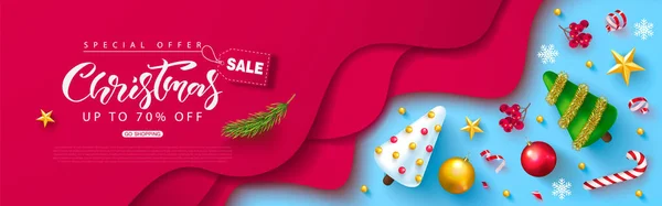 Christmas sale web banner. Holiday background with cute Christmas trees, balls,Rowan, streamers and golden stars.Vector illustration for website,posters,ads,coupons,promotional material.Paper style