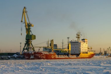 Gemi ve buz ve kar ile kaplı Vinçler içinde kargo port St. Petersburg kış zamanında