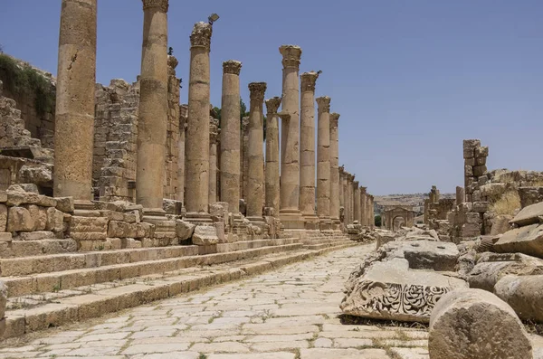 Colonnes du cardo maximus, Ancienne ville romaine de Gérasa de l'Antiquité, Jerash moderne, Jordanie — Photo