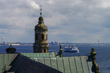 View from roof of renaissance castle Kronborg to Helsingborg city and strait between  Denmark and Sweden. clipart
