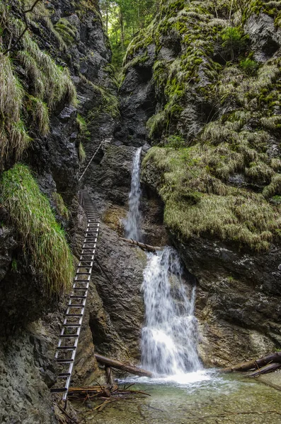 Dangerous trail across waterfall (using Via Ferrata), Slovak Paradise National Park, Slovakia — стоковое фото