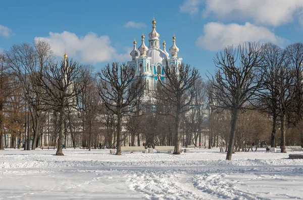 斯莫尔尼大教堂 （斯莫尔尼修道院） 视图从斯莫尔尼公园在冬天，圣彼得堡，俄罗斯 — 图库照片