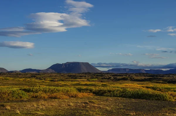 コケ覆われた溶岩と火山はアイスランドのミーバトン湖夏風景に近いマウントします。 — ストック写真