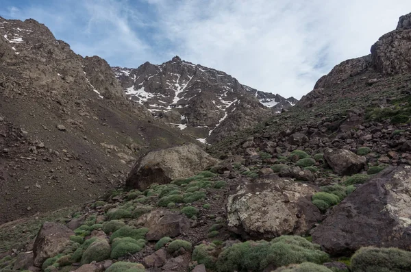 Toubkal national park in springtime with mount, cover by snow and ice, valley near Refuge Toubkal, start point for hike to Jebel Toubkal, highest peak of Atlas mountains and Morocco — Stock Photo, Image