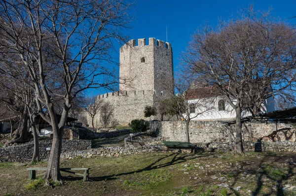 Torre do castelo medieval de Platamonas. É um castelo cruzado no norte da Grécia e está localizado a sudeste do Monte Olimpo. Pieria - Grécia — Fotografia de Stock