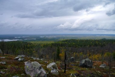 Taiga ormanlarına ve Vottovaara Dağı 'ndan göllere bakın, Karelia