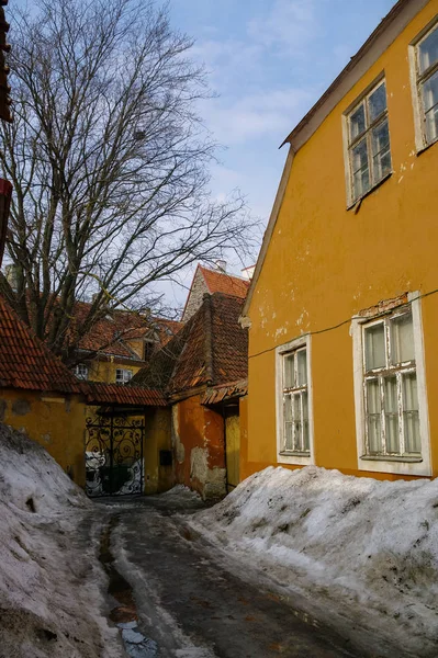 Rua estreita na cidade velha de Tallinn coberta por, bancos de neve. Estónia — Fotografia de Stock