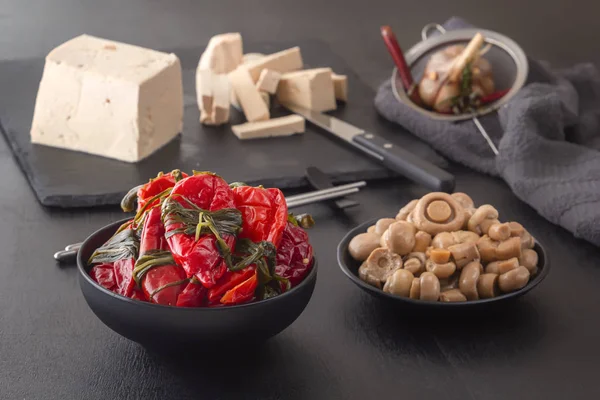 Fermented foods red hot peppers, mushrooms and tofu bean curd - traditional Korean food