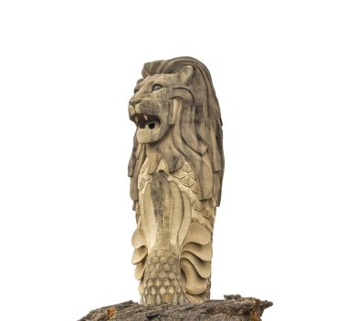 Beyaz arka planda Merlion 'un taş heykeli. İzole edilmiş