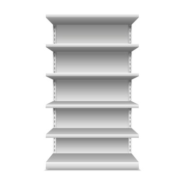 İle perakende raflarında, izole beyaz arka plan beyaz boş boş vitrin görüntüler.