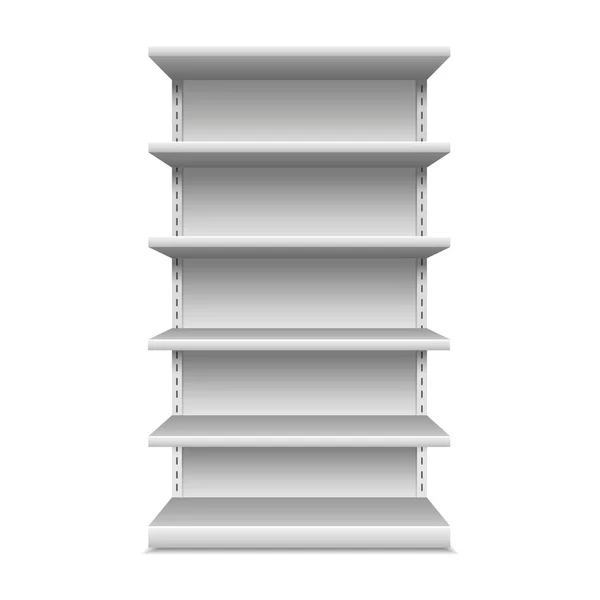 Exhibiciones vacías blancas del escaparate en blanco con los estantes al por menor, fondo blanco aislado . — Archivo Imágenes Vectoriales