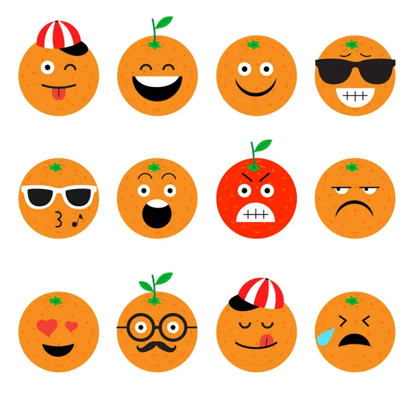 Emojis. Naranja. fruta. Verano. Conjunto de cara emocional en un blanco — Archivo Imágenes Vectoriales