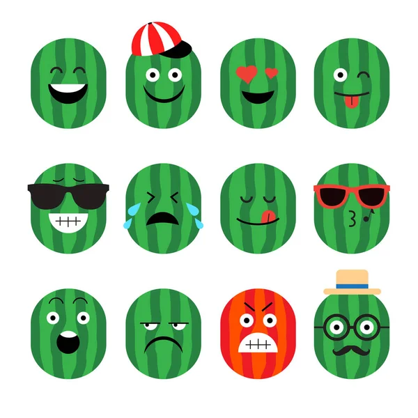 Emojis. sandía. fruta. Verano. Conjunto de cara emocional en una w — Vector de stock