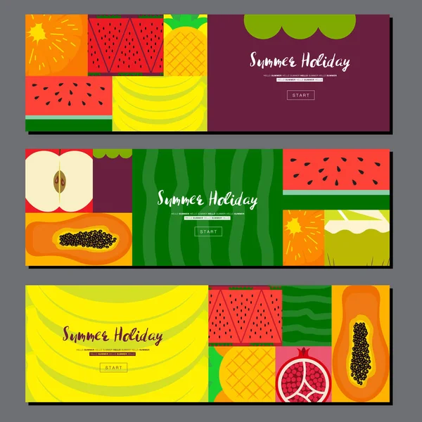 Obstbanner sammeln. Banner mit Sommerfrüchten. flaches Design, Vektorillustration — Stockvektor