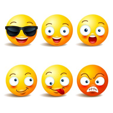 Gülen yüz simgeler veya duygusal komik yüzü olan sarı ifadeler