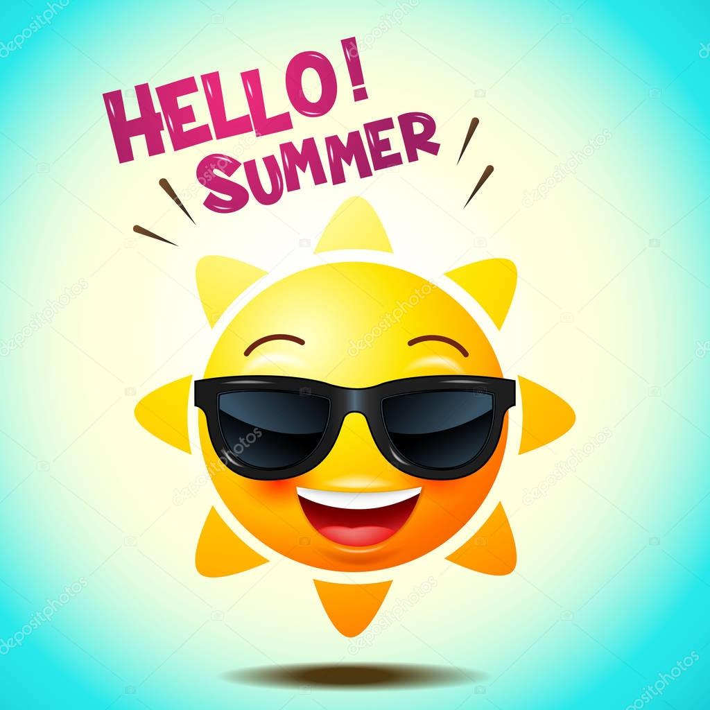 Sun face icons or yellow , funny faces in realistic . emojis . hello summer. Vector illustration